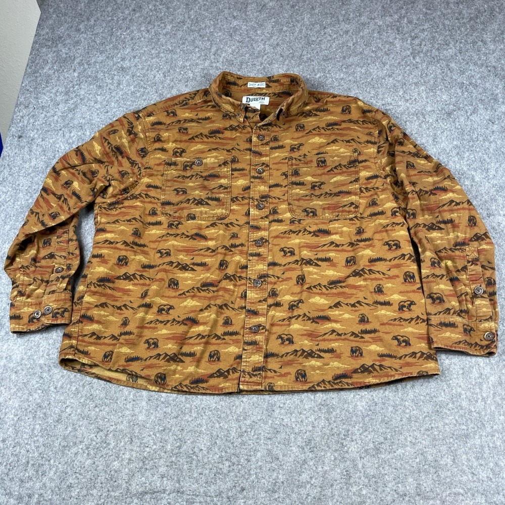 Duluth Trading Co Untucked Shirt Mens XL Relaxed Fit Bear Mountain Print Brown